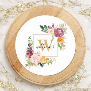 Sticker Rond Roses aquarelles à monogramme or floral fleurs