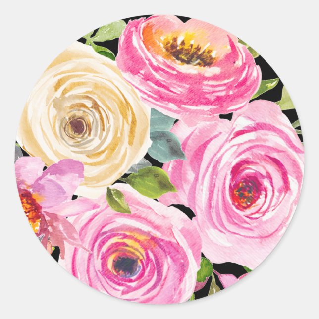 Sticker Rond Roses aquarelles en rose et crème sur fond noir (Devant)