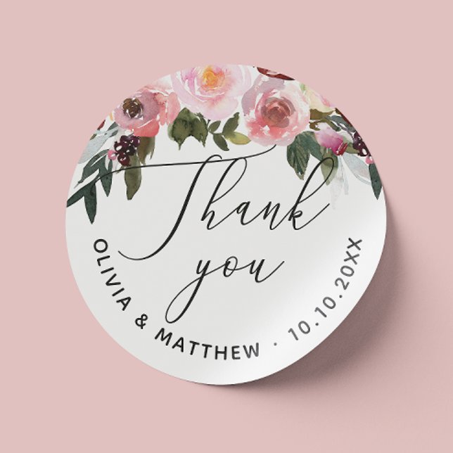 Sticker Rond Roses Aquarelles Mariage Merci. Floral Élégant (Créateur téléchargé)