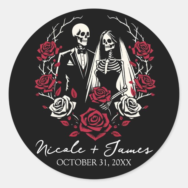 Sticker Rond Roses blanc rouge et noir squelette Mariage couple (Devant)