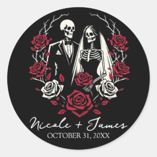 Sticker Rond Roses blanc rouge et noir squelette Mariage couple