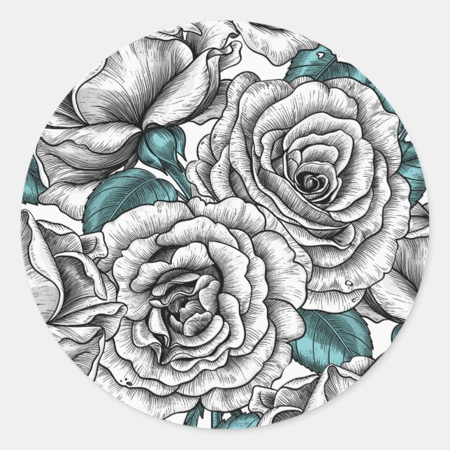 Sticker Rond Roses blanches avec feuilles bleus (Devant)