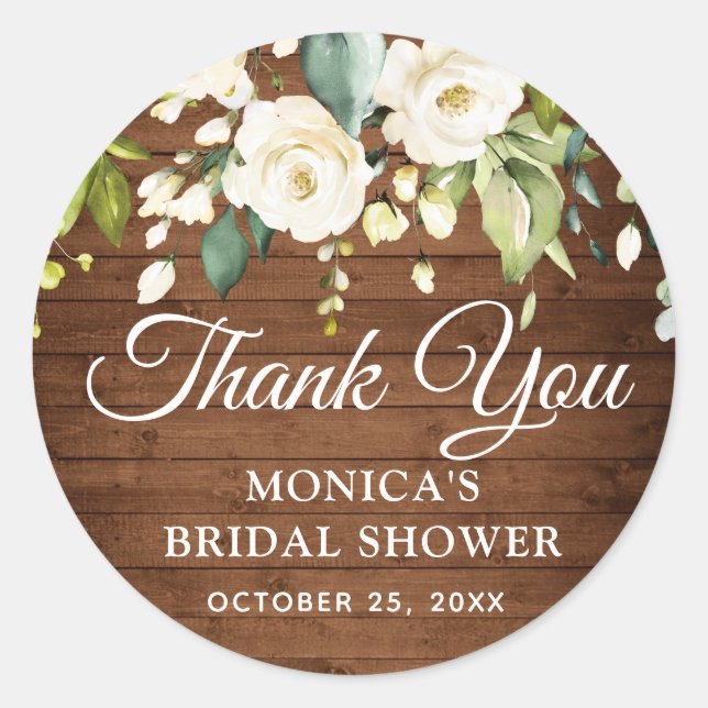 Sticker Rond Roses Blanches de Bois Floral Mariage Rustique (Devant)