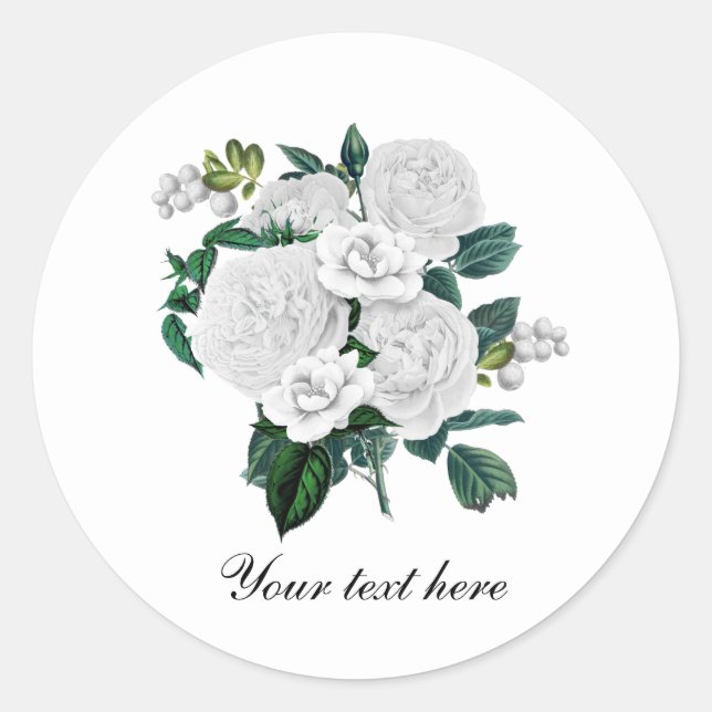 Sticker Rond Roses blanches élégantes personnalisables (Devant)