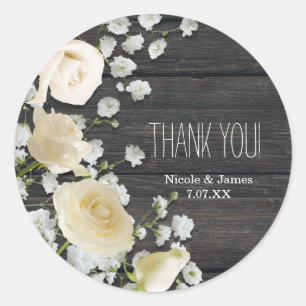 Sticker Rond Roses blanches et gypsophile sur bois Baby Shower