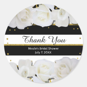 Sticker Rond Roses blanches rayures noires et douche de mariée 