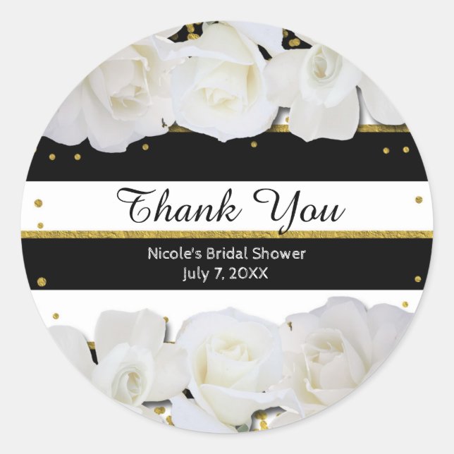 Sticker Rond Roses blanches rayures noires et mariage doré (Devant)