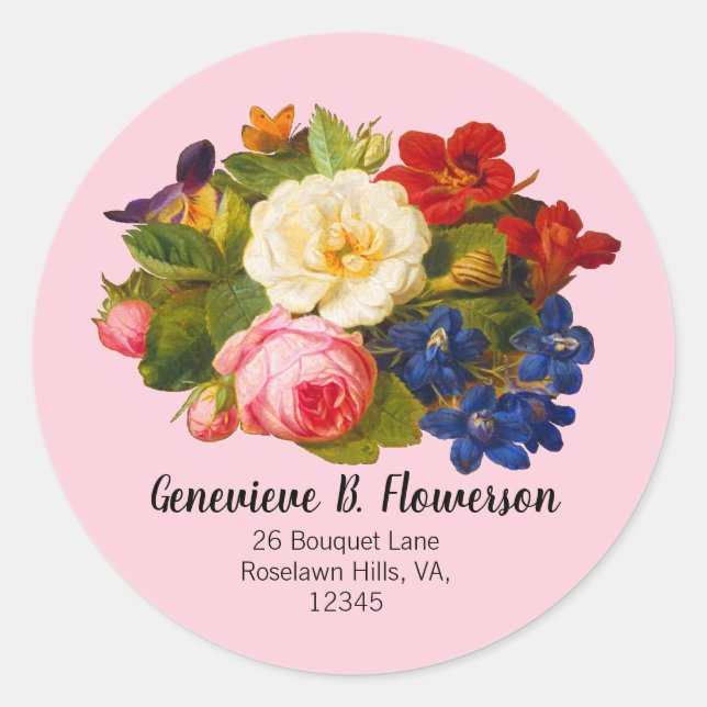 Sticker Rond Roses blanches roses Rouge Orange Bleu Papillon fl (Devant)