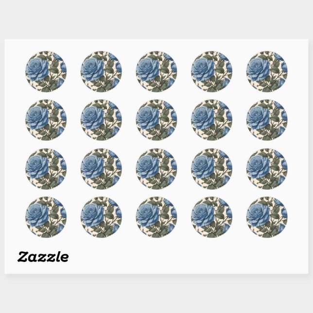 Sticker Rond Roses Bleus Et Feuilles Verts, (Feuille)