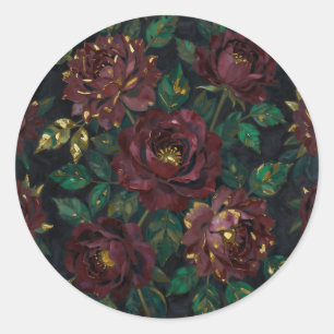 Sticker Rond Roses Bourguignonnes de Luxe Fleurs Feuille d'Or