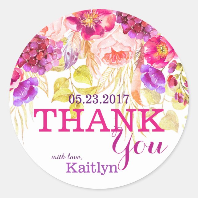Sticker Rond Roses d'aquarelle et Hydrangeas Merci floral (Devant)