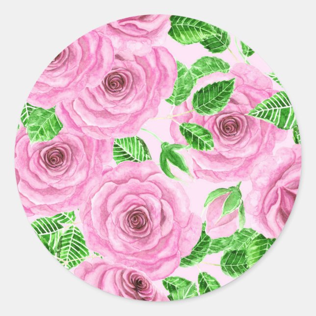 Sticker Rond Roses d'aquarelle rose avec feuilles et bourgeons  (Devant)