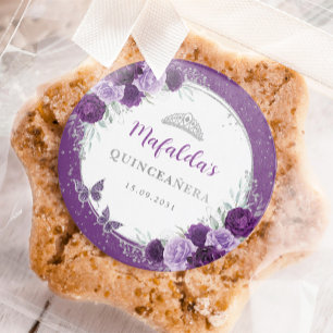 Sticker Rond Roses d'argent violet Quinceanera Faveurs d'annive