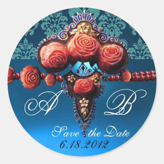 STICKER ROND ROSES DE CORAIL ROUGE, AQUA BLUE BLACK DAMASK MONO (Devant)