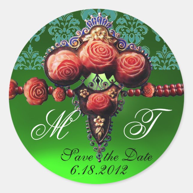 STICKER ROND ROSES DE CORAIL ROUGE, BLEU EMERALD VERT DAMASK MO (Devant)