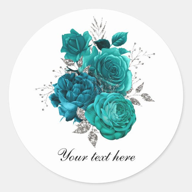 Sticker Rond Roses de mariage sarcelle personnalisables (Devant)