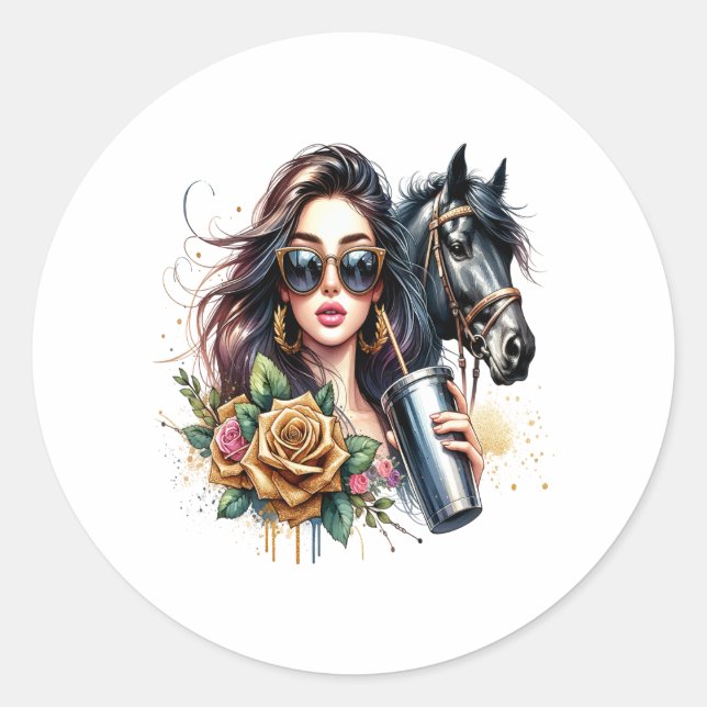 Sticker Rond Roses de Parties scintillant de cheval fille esthé (Devant)