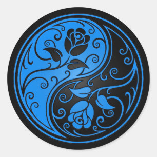 Sticker Rond Roses de Yin Yang bleu et noir