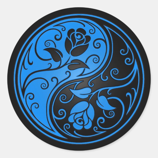 Sticker Rond Roses de Yin Yang bleu et noir (Devant)