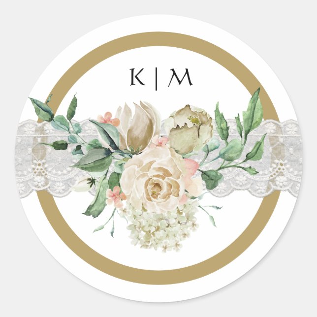 Sticker Rond Roses d'or blanc traditionnel Mariage de dentelle  (Devant)