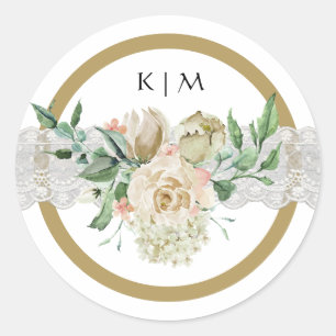 Sticker Rond Roses d'or blanc traditionnel Mariage de dentelle 