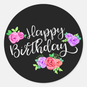 Sticker Rond Roses Edge et Rayures Modernes Joyeux Anniversaire