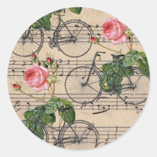 Sticker Rond Roses et bicyclettes roses vintages
