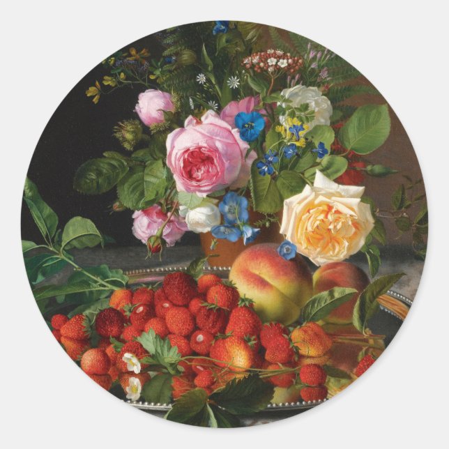 Sticker Rond Roses et fraises de Still Life par Otto Ottesen (Devant)