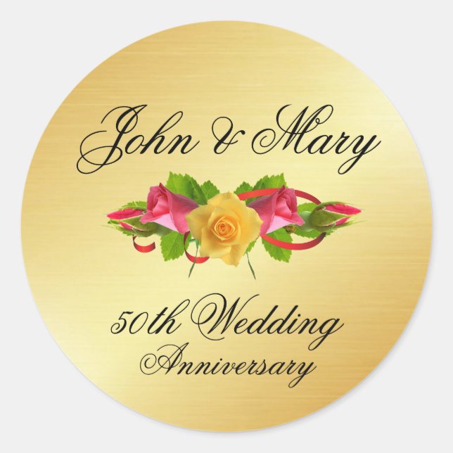 Sticker Rond Roses et Gold 50e anniversaire Mariage personnalis (Devant)
