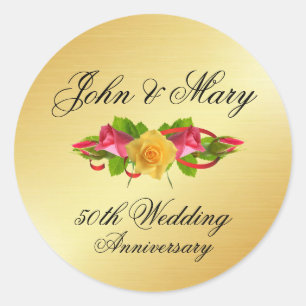 Sticker Rond Roses et Gold 50e anniversaire Mariage personnalis