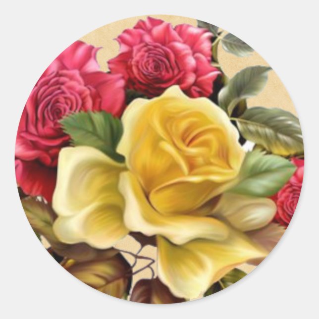 Sticker Rond Roses Fleurs Rouge et Jaune Vintage (Devant)