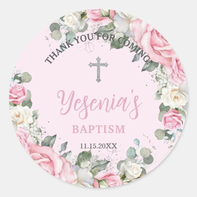 Sticker Rond Roses Florales Roses Blanches Baptême Chic (Devant)