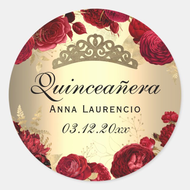 Sticker Rond Roses Florales Rouges Or Quinceanera (Devant)