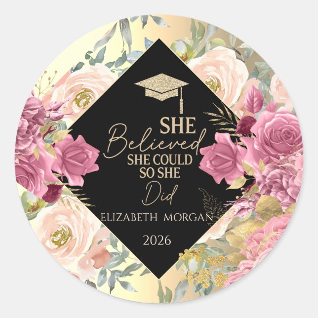 Sticker Rond Roses Flowers Gold Cap Motivational Message  (Devant)