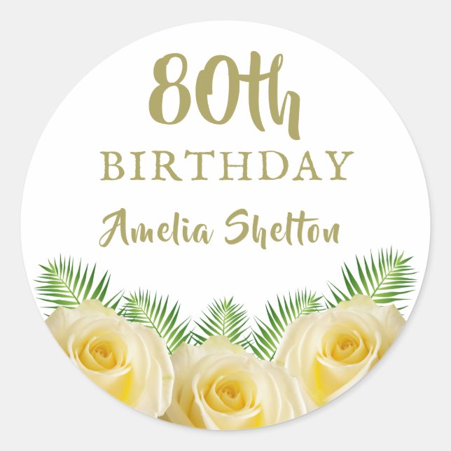 Sticker Rond Roses jaunes et fleurs Feuilles 80e anniversaire (Devant)