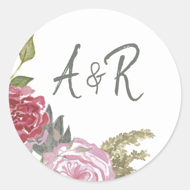 Sticker Rond Roses Monogramme Floral Aquarelle (Devant)