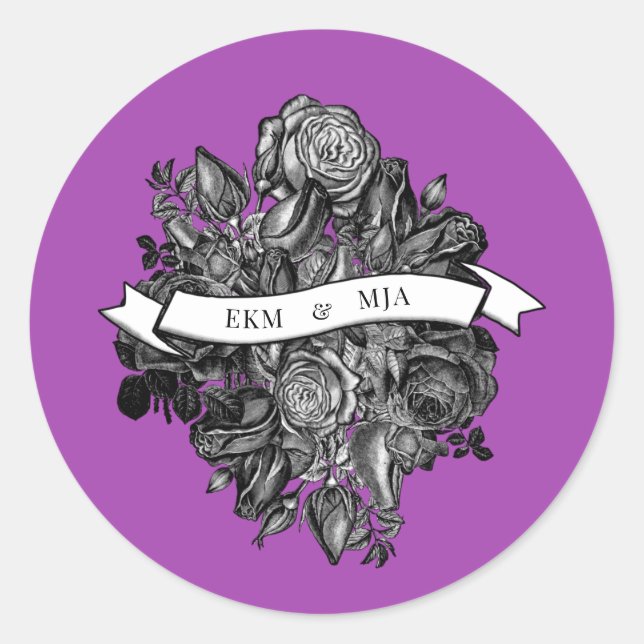 Sticker Rond Roses noir et blanc Mariage électrique violet (Devant)