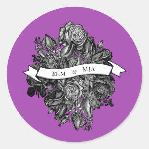 Sticker Rond Roses noir et blanc Mariage électrique violet