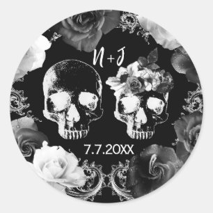 Sticker Rond Roses Noires et Blanches Crâne de squelette Gothiq