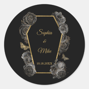 Sticker Rond Roses noires et or Cercueil Gothique Élégant Maria