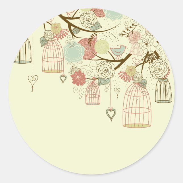Sticker Rond Roses romantiques, oiseaux, oiseaux, cages d'oisea (Devant)