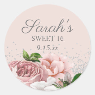 Sticker Rond Roses rose pâle Floral Silver Parties scintillant