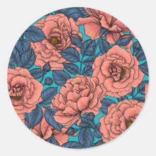 Sticker Rond Roses roses avec feuilles bleus sur bleu
