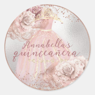 Sticker Rond Roses roses blanches sur Quinceañera en argent