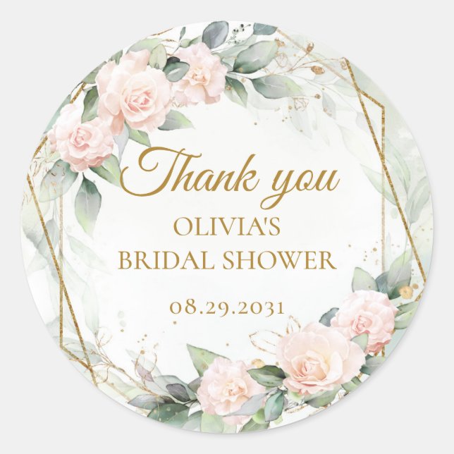 Sticker Rond Roses roses blush boho verdure et cadre doré (Devant)