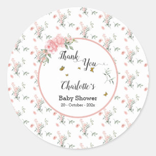 Sticker Rond Roses roses élégantes avec Baby shower de papillon