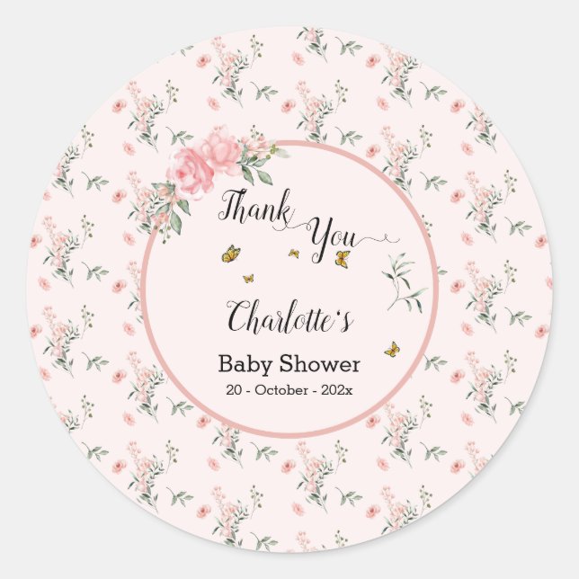 Sticker Rond Roses roses élégantes avec Baby shower de papillon (Devant)
