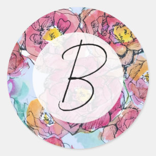 Sticker Rond Roses roses encre monogrammée Écriture de lettres