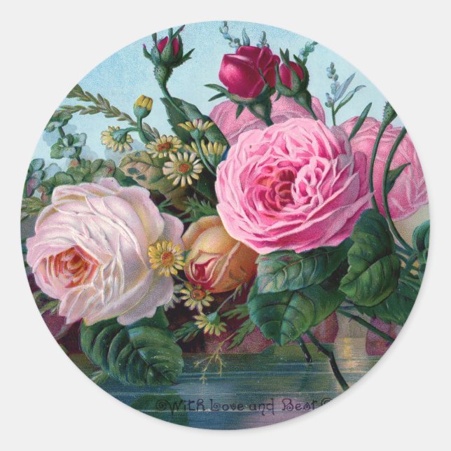 Sticker Rond Roses roses et blancs vintages chics minables (Devant)