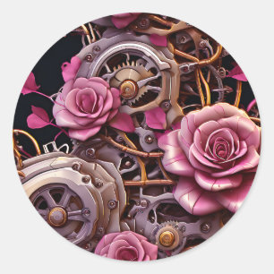 Sticker Rond Roses roses et engrenages métalliques Steampunk